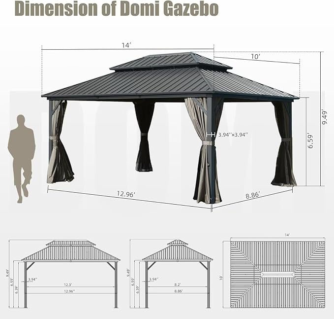 Domi 10’ X 14’ Hardtop Gazebo Canopy with Netting & Curtains, Outdoor Metal Gazebo with Galvanized Steel Double Roof for Patio Lawn and Garden, Gray