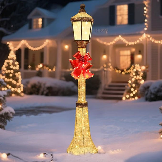 60-Inch Outdoor Christmas Decorations Outdoor Lighted Lamp Post 3D Lamppost LED Lighted Post Christmas Decoration with 128 LED Lights & Bow Holiday Decorations for Yard, Porch, Patio