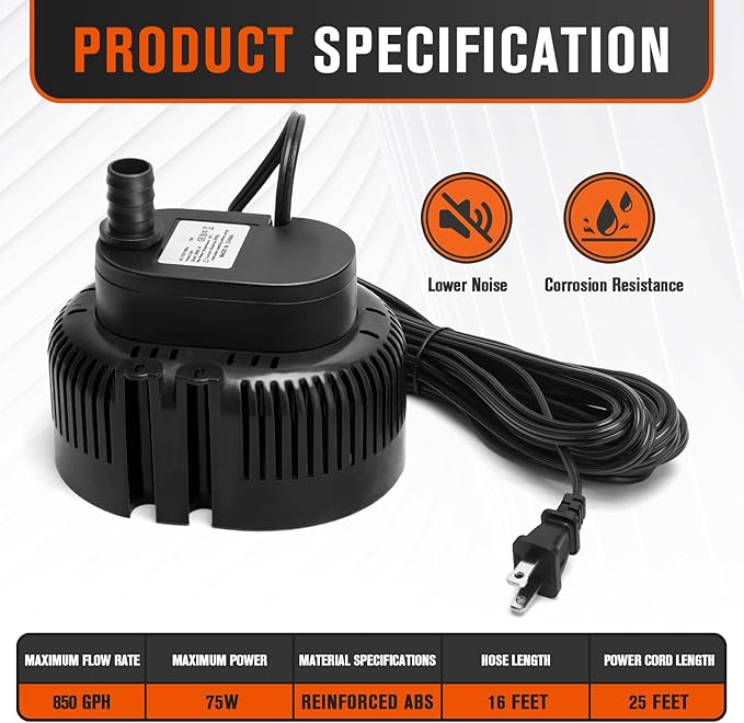 Sump Pump,Pool Cover Pump above Ground,submersible water pump Swimming Water Removal Pumps,for Swimming Pool Basement Garden Pond Tubs Draining,75W,Max Flow:850GPH,3 Adapters,25 Ft Power Cord (Black)