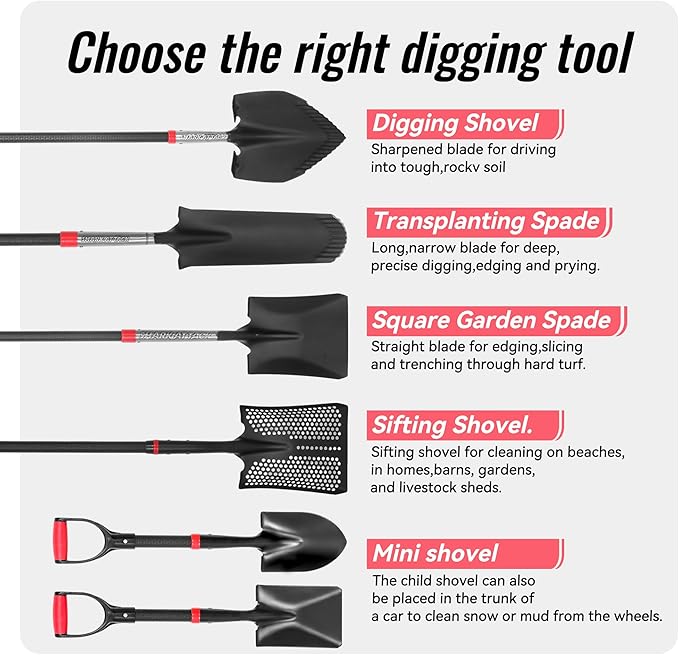 SHARK ATTACK Heavy Duty Garden Shovel 43.3 inch with D-Grip Handle, 6.3'' Serrated Steel Blade for Digging and Landscaping, Beach Shovel, Car Snow Shovel