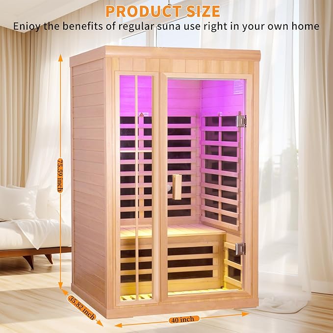 1 to 2 Person Infrared Sauna,Hemlock Wood Low EMF FAR Dry Sauna Indoor Saunas for The Home Remote Control, with Colored Lights 1350W,Room:75.59 * 35.82 * 40Inch