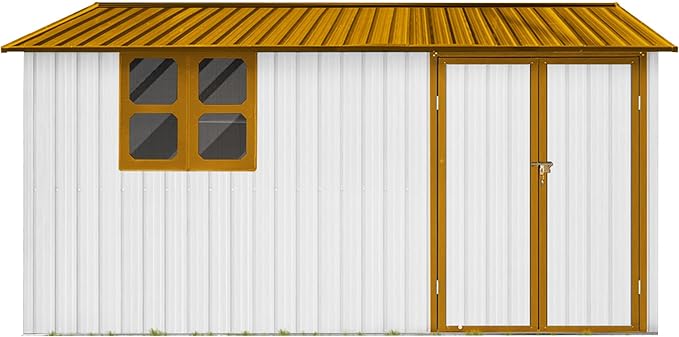 12 ft × 10 ft Sheds & Outdoor Storage Shed Large Classic Apex Roof Metal Garden Storage Sheds with Hinged Door, Window Tool Cabinet for Backyard, Patio, Poolside, Golden Yellow + White