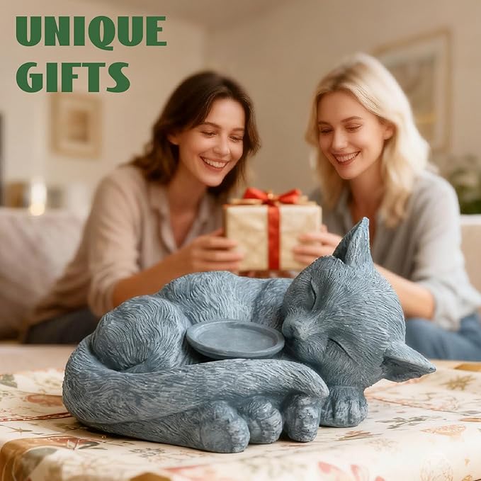 Sleeping Cat Candle Holder Statue Realistic Resin Cat Figurine with Candle Tray Outdoor Garden Decor for Patio Yard or Indoor Use for Cat Lovers Women and Memorials Grey Stone