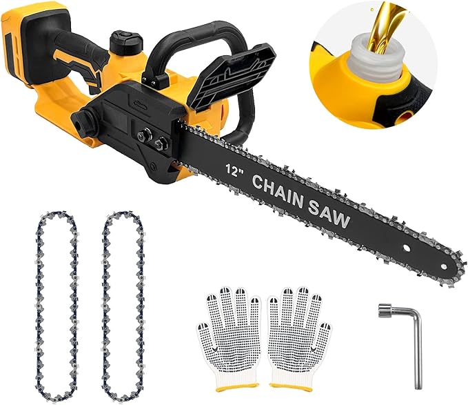12 Inch Cordless Chainsaw Compatible with DeWalt 20V MAX, 1200W Brushless Motor, Auto Lubrication, Security Lock, Handheld Electric Chainsaw for Tree Trimming (Battery Not Included)