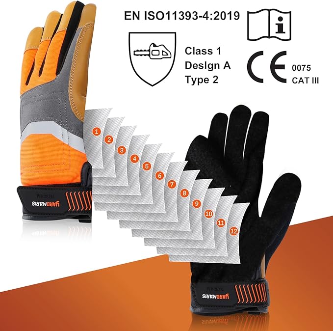 Chainsaw Gloves, Genuine Leather Logging Safety Gloves, 12-Layer Anti-cutting Protection on Left Hand Back, Cowskin