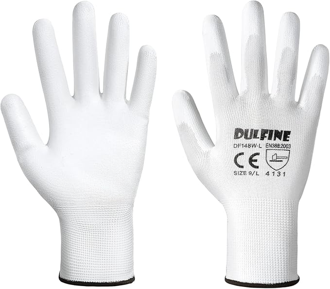 DULFINE Safety Work Gloves PU Coated-12 Pairs,White Seamless Knit Glove with Polyurethane Coated Smooth Grip on Palm & Fingers, for Men and Women, Ideal for General Duty Work (Large)