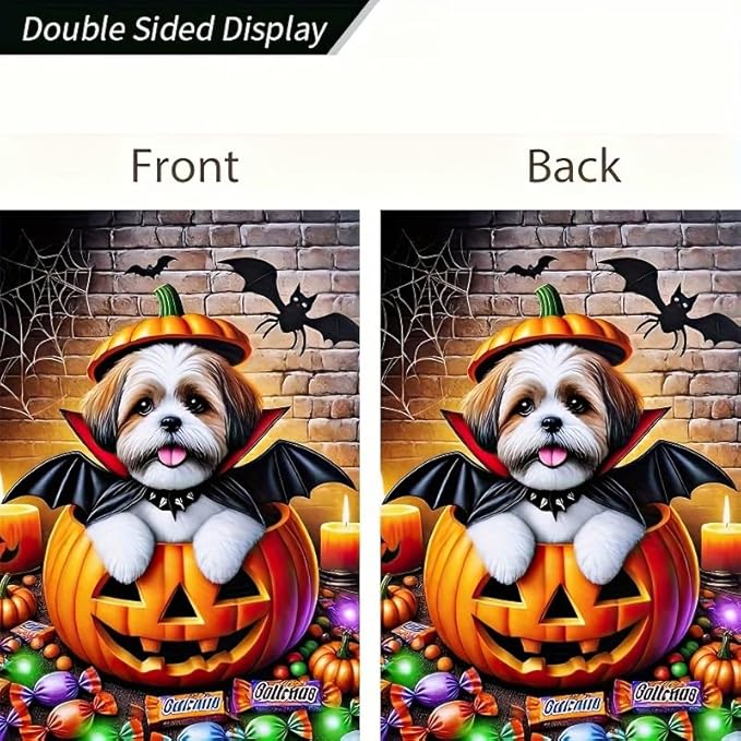 Happy Halloween Garden Flag 12x18 Double Sided Dog Pumpkin Garden Flag for Outside Witch Hat Small Flag for Outdoor Holiday Home Decor Banner