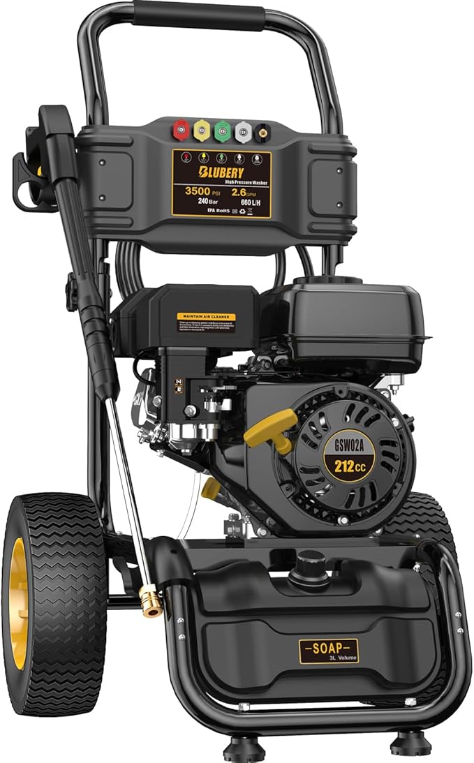 BLUBERY 3500PSI Gas Pressure Washer, 2.6GPM 212CC Heavy Power Washer, 30Ft High Pressure Hose&Soap Tank, 5 Adjustable Nozzles, Cleaning for Driveway/Concrete/Vinyl Fencing,Max