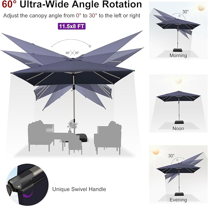 PURPLE LEAF 11.5' X 8' Left-right Tilting Patio Umbrella Outdoor Swivel Cantilever Umbrella Aluminum Offset Umbrella with Champagne Frame and 360-degree Rotation for Garden Deck Pool, Navy Blue