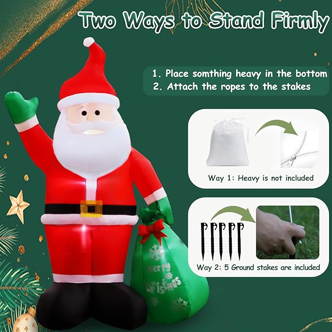 8FT Christmas Inflatables Santa Claus with Gifts Bag Inflatable Christmas Outdoor Decoration IP44 Xmas Blow up Santa Claus with Built-in 4 LED Lights Large Blow up Santa for Outdoor、Indoor、Yard Party