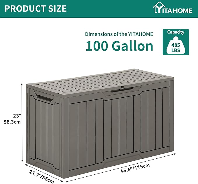 YITAHOME 100 Gallon Resin Deck Box, Weather Resistant Outdoor Storage Box, Lockable Indoor Outdoor Storage for Supplies and Essentials, Taupe