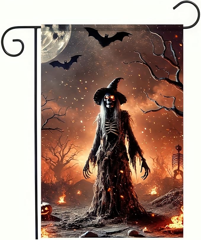 Witch Halloween Garden Flag 12x18 Double-Sided Spooky Bats Scary Skeleton Witch Garden Flag Outdoor Lawn Fall Decoration Banner Holiday Seasonal Yard Flag