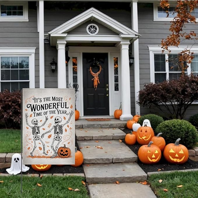 HTBIG Funny Halloween WSkeleton Garden Flag, Halloween Wonderful Time Flag, Yard Flags for Outside 12x18 inch, Outside Yard for Home Decorations