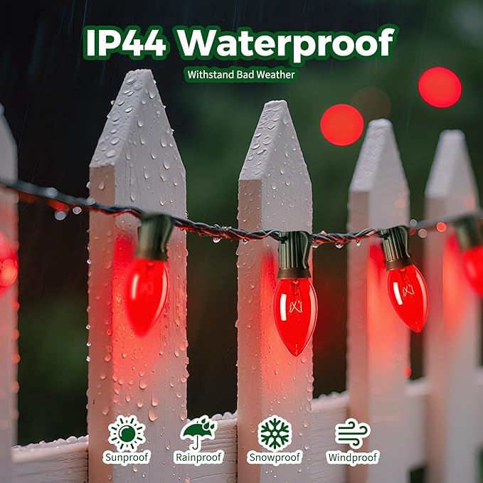 Minetom C9 Red Christmas String Lights, 25FT 25 Blubs Bright & Warm Outdoor Christmas Lights, Long Life C9 String Lights for Tree Patio Gazebo Wreath, Green