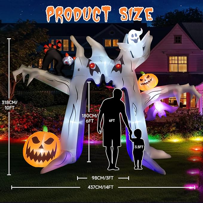 10FT Halloween Inflatable Archway, Giant Blow up Arch Yard Decorations withTree, Pumpkin, Bat, Ghost &Cat, Outdoor Halloween Decorations Build-in LEDs Lights for Yard, Party, Garden, Lawn