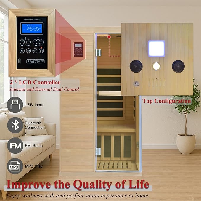 Far Infrared Sauna, 1-Person Canadian Hemlock Dry Sauna- 1350W Low EMF, 5 Heating Plates, Oxygen Bar, Chromotherapy, Bluetooth Speaker - 33.5x33.5x69in for Home Relaxation