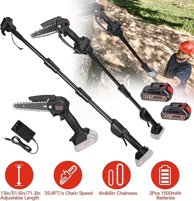 2-in-1 Cordless Pole Saw & Mini Chainsaw, Battery Powered 5.1lb Lightweight Multi-Angle & 13FT MAX Reach 6 Inch Electric Pole Saw for Tree Trimming & Branch Cutting