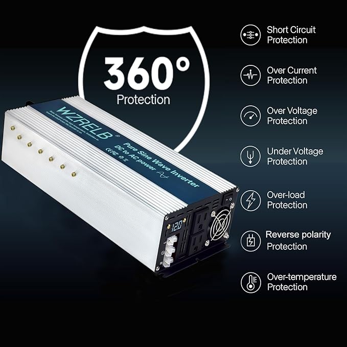 WZRELB 3500W Pure Sine Wave Inverter, Car Power Inverter 24V DC to 110V 120V AC Converter for RV, Truck, Solar, Outdoor with Dual AC Outlets, Hardwire Port, Surge 7000W, LED Display,Off-Grid