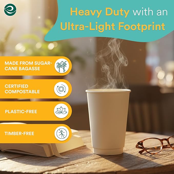 ECO SOUL 100% Compostable Plant-Based 16oz Hot Cups | (50 Count, 16 oz Hot Cups) | Disposable Bagasse Paper Cups | Eco-friendly Cups | Sturdy, Microwave & Oven Safe