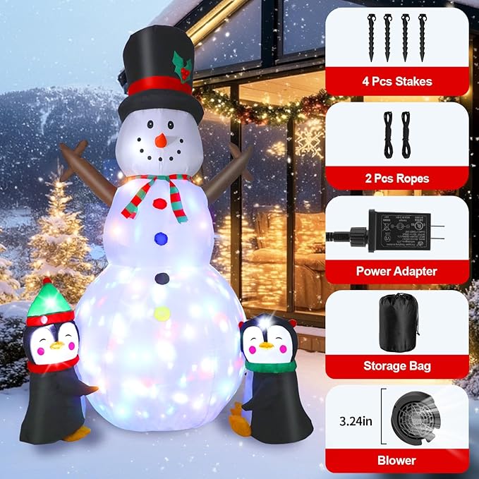 Dawdix 8FT Christmas Decs Inflatable Snowman, Christmas Blow Up Yard Decs Snowman with Penguins, Built-in Colorful Rotating LED Lights, for Holiday Xmas Party Garden, for Him, Her