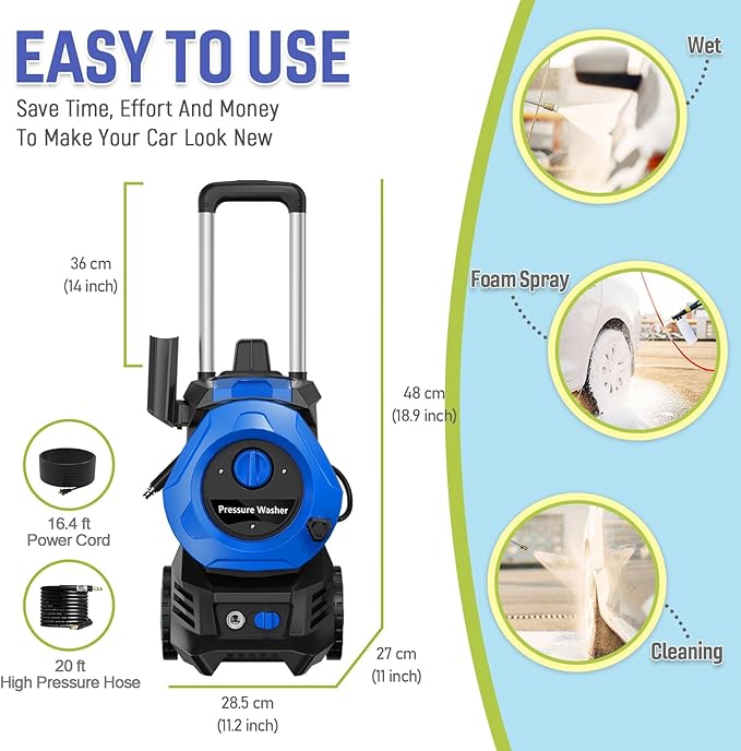Pressure Washer Power Washer 4800PSIIMAX with Foam Cannon and Nozzles, High Pressure Cleaning Machine with 25ft Hose for Car Home Outdoor Driveway Patio, Blue