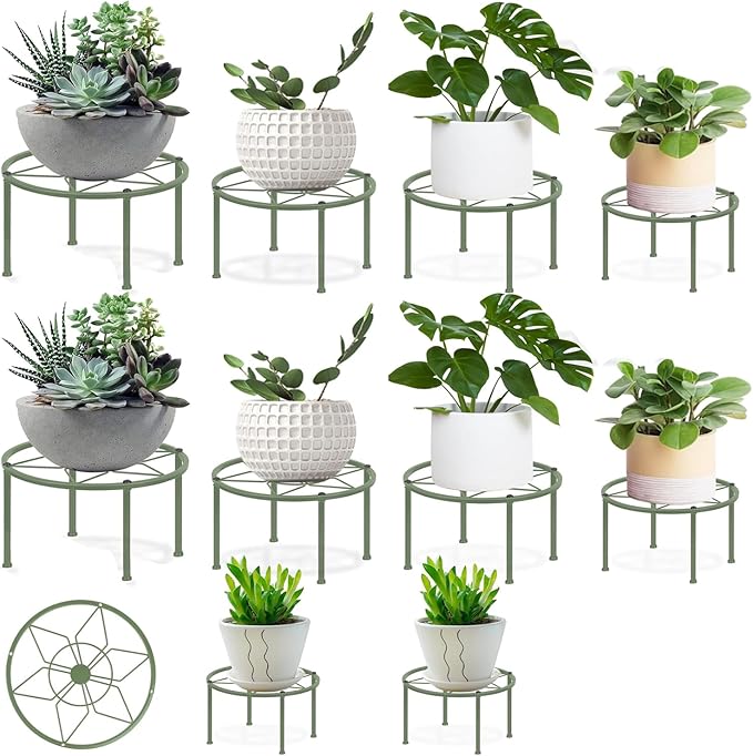 Metal Plant Stands, Anti-Rust Iron Flower Pot Stand, Heavy Duty Plant Pot Shelf, Decoration Racks for Home Indoor and Outdoor 10 Pcs (Green)