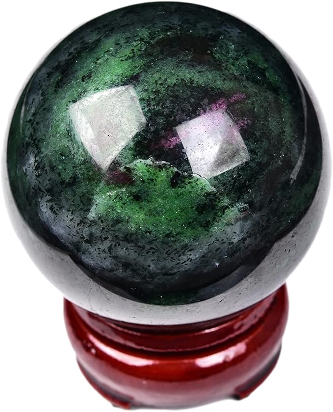 JIC Gem Natural Ruby Zoisite Quartz Crystal Sphere Balls with Wood Stand Red&Green Treasure Gemstone Decorative Orbs Reiki Energy Healing Crystal Ball (60-70mm)
