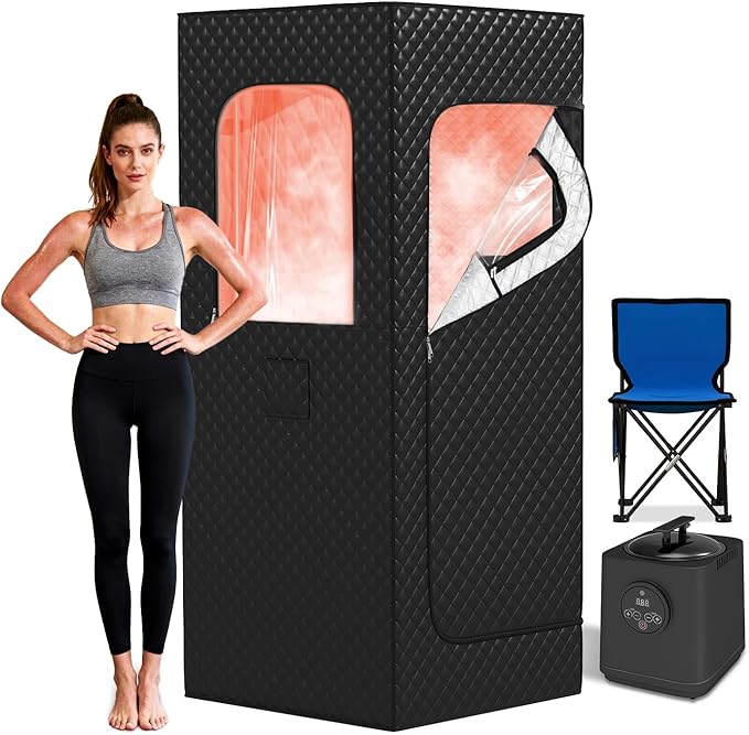 Portable Steam Sauna Box for Home, Infrared Sauna Tent with 3L Steam Generator, Remote Control, 15 Temperature Levels, 66 Minute Timer, Indoor Sauna with Foldable Chair for Home Spa,Black