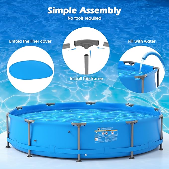 GYMAX 12ft x 30in Metal Frame Above Ground Swimming Pool, Outdoor Backyard Famliy Pool Set with Puncture-Resistant Fabric, Drainage Valve Connector for Kids & Adults (12' x 30", Round, Blue)
