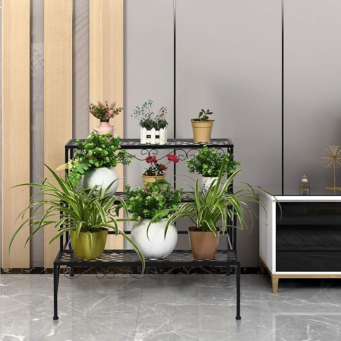 Giantex 3 Tiers Black Metal Plant Stand, Metal Plant Shelf Stands w/ 6-9 Flower Potted Capacity Holders, Multiple Flower Pot Display Rack for Plants Patio Garden Corner Indoor (Rectangular)