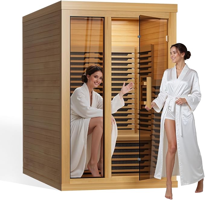 Far Infrared Wooden Sauna Low EMF- 2 Person Personal Sauna for Home Use, Full Spectrum Infrared Sauna, Dual Tempered Glass & Bluetooth Speakers - Indoor Sauna 2000W, Natural Wood