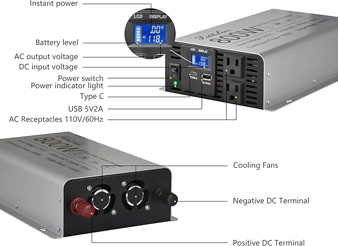 Pure sine Wave Inverter DC 12V Input and AC 110V Output with LCD Display, USB Output Port, Type-C Output Port(800W)