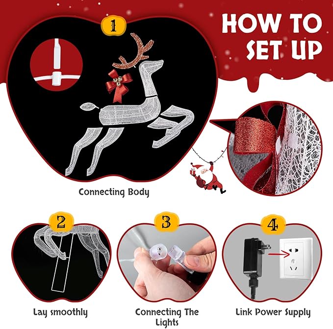 Christmas Decorations: Lighted Reindeer & Sleigh Outdoor Display, Multicolor, 270 LED Lights, Weatherproof, Easy Assembly