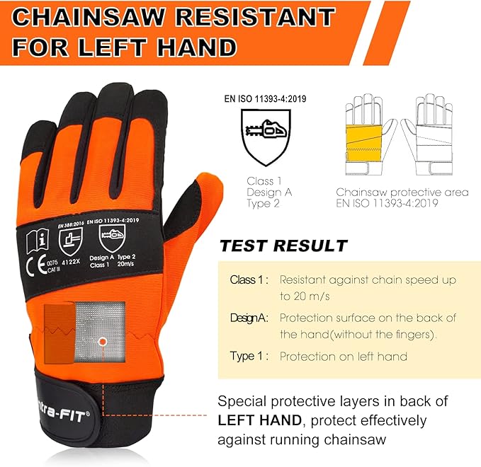 Chainsaw Gloves Saw Protection on Left Hand Back,EN ISO 11393-4,Cut-resistance Gloves Cow leather Palm