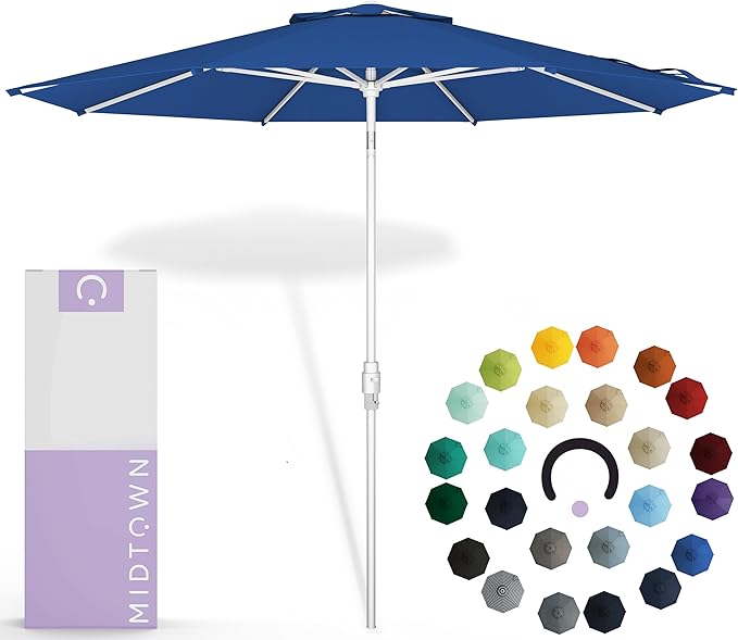 Midtown Umbrellas The Swilt 10 Feet Patio Umbrella in Sunbrella Dark Blue Acrylic Fabric - Fiberglass Ribs, Auto-Tilt Aluminum Frame For Backyard, Deck, Garden, Pool - White Pole