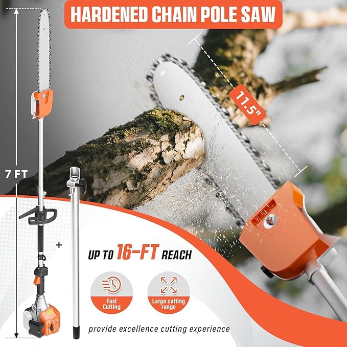 52cc Gas Powered Weed Eater, 6 in 1 Gas Weed Wacker with Hedge Trimmer & Pole Saw - Multi-Attachment Brush Cutter,2-Stroke Gas String Trimmer for Yard Maintenance