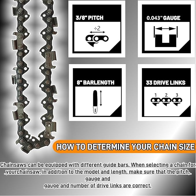 (2PK) 8 Inch Replacement Chainsaw Chain - 3/8" LP Pitch .043" Gauge 33 Drive Links – 8 in Pole Saw Chains R33 Replaces for Ryobi P4360, RY43160, P4361 / Worx WG349 WG349.9 and More
