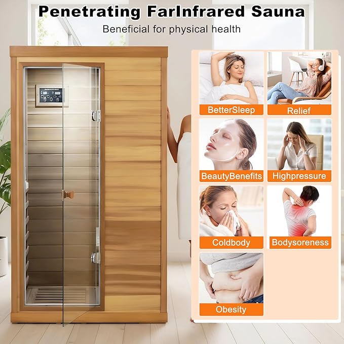 Infrared Sauna for Home, 1 Person Sauna Box, Low EMF 1050W/120V Indoor Sauna Spa with Control Panel & Bluetooth Speakers, LED Lamp, 63.42"x28.35"x62.60"
