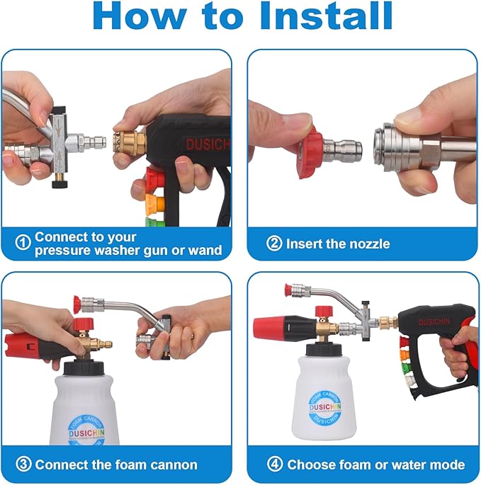 DUSICHIN Pressure Washer Short Gun Foam Cannon 1/4" Quick Connector,Car Wash Foam Gun Kit Dual Connector Accessory,Pressure Washer Nozzle Tips 3/8'' Swivel Quick Connector,Not Use with Garden Hose