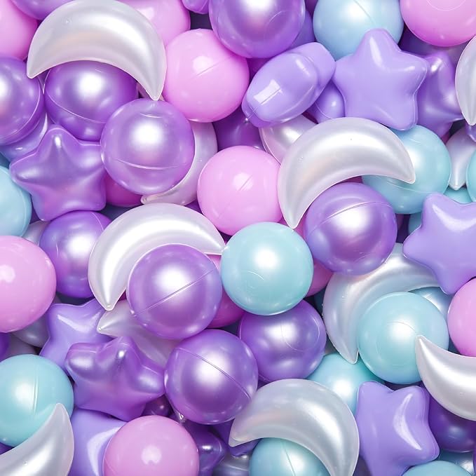 GOGOSO Ball Pit Balls Stars Moon Shapes Plastic Pitballs for Toddler Play Tent Baby Photo Props Kids Pool Water Toys Kiddie Pool Party Decor, Pearl Pink+Pearl Purple+Pearl Light Blue,100PCS