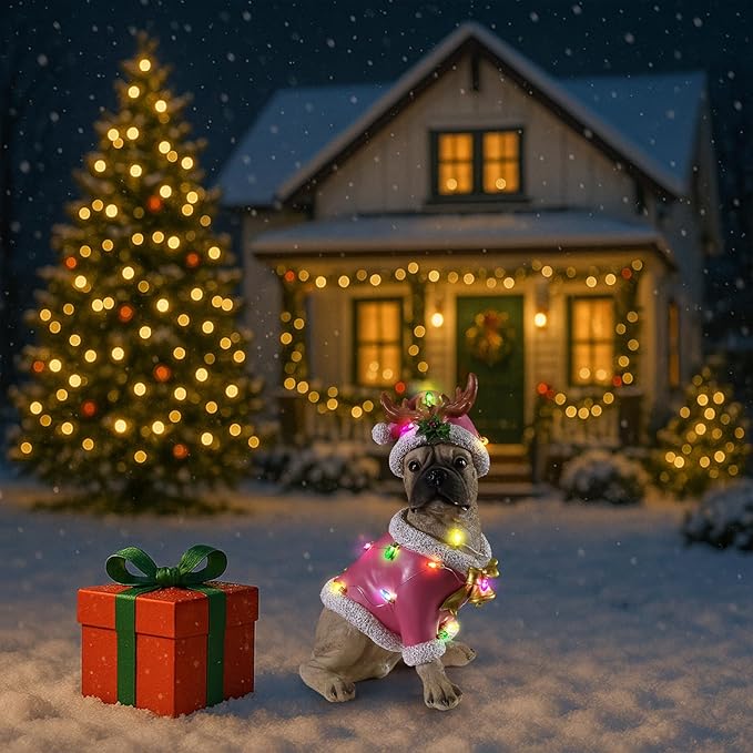 Christmas Outdoor Decoration Dog Statue, LED Light Cute English Bulldog Sculpture with Pink Santa Outfit & Lights for Garden and Yard, Indoor Holiday Décor Gift for mom and dad