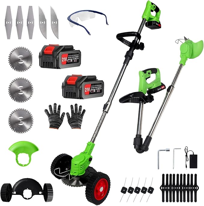 Electric Weed Wacker Cordless Eater 2 Battery,Foldable and Lightweight Grass Trimmer/Brush Cutter,5 Types Blade&Wheels 21V 4.0Ah Battery (2 Pieces) Powered for Garden and Yard (Foldable)