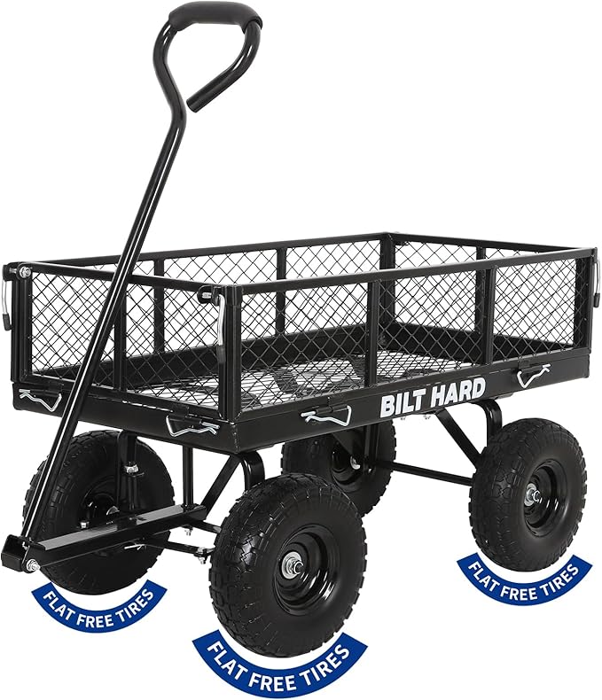 BILT HARD Flat Free Steel Garden Cart 400 Lbs, Heavy Duty Utility Wagon with Removable Mesh Sides, No-Flat Garden Carts and Wagons Flatbed, Black