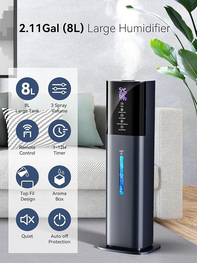Humidifiers for Bedroom, 2.11Gal 8L Quiet Humidifiers for Large Room with Timer, 360°Nozzle, 3 Speed Ultrasonic Cool Mist Humidifier with Humidistat for Baby, Customize humidity for Home Adults Plants
