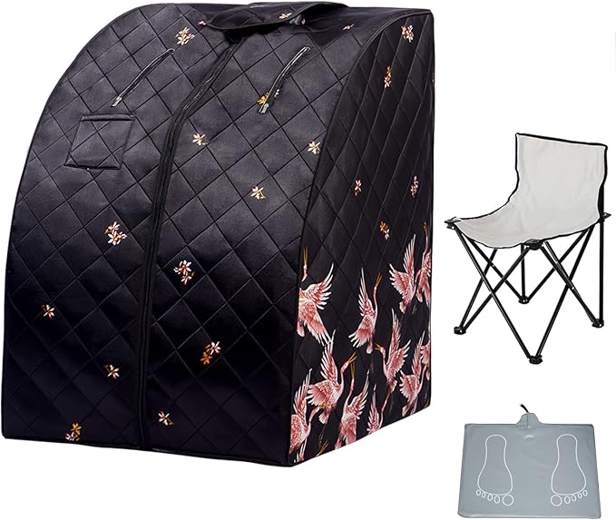 Smartmak Portable Far Infrared Sauna, Full Size 1 Person Sauna SPA Tent at Home, with Heating Foot Pad and Folding Chair - Black