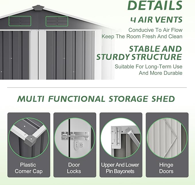 4×6 Ft Metal Outdoor Storage Shed with Floor Base, 0.25mm Galvanized Steel Metal Garden Shed Waterproof with Lockable Door for Backyard, Patio, Garden, Dark Grey