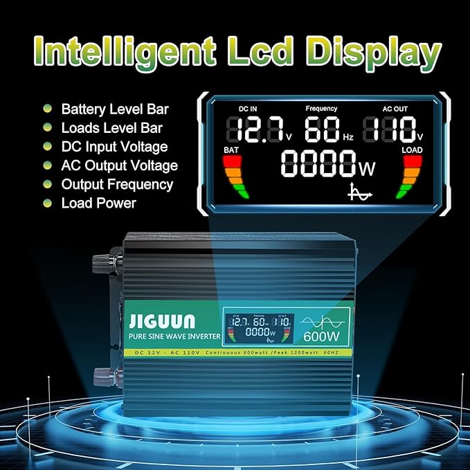 Pure Sine Wave Inverter,600W 12V to 110V Power Inverter Converter,USB Output LCD Display for Home Camping RV Emergency Appliance with Protective Cap
