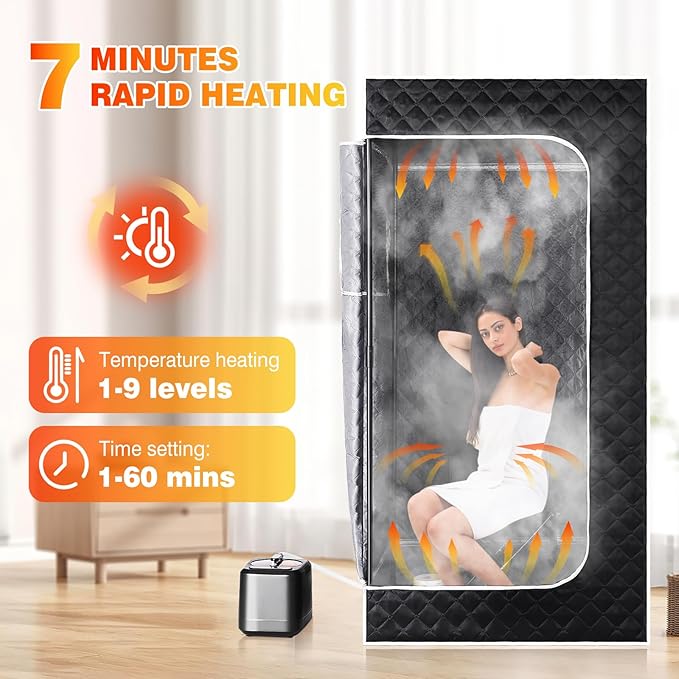 Portable Sauna for Home, Large 3L Steamer Max 140℉ Full Body Steam Sauna Tent with Remote Control, 9 Levels 7-Min Quick Heat Folding Chair Waterproof Mat, 5.9 * 2.92 * 2.95 ft (Black)