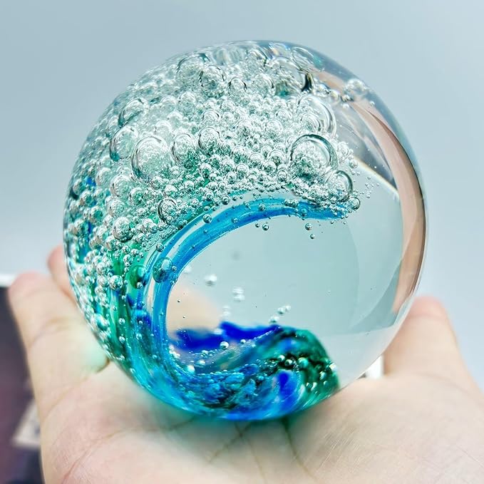 Decorative Crystal Ball Figurines Ocean Waves Paperweight Blown Glass Decor Sea Art Ocean Lovers Gift Blue Green 3.15"