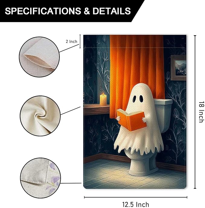 Vintage Cute Ghost Reading on Toilet Garden Flag Halloween Holiday Garden Flag Vertical Double Sided Rustic Farmland Burlap Yard Lawn Outdoor Decor 12.5x18"